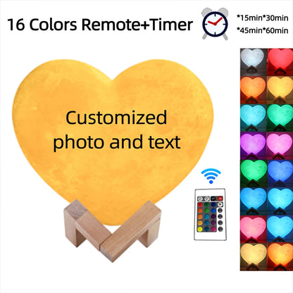 Customized Moon Lamp with Photo Text Heart Shape 3D Printed Moon Night Light Personalized Gifts for Birthday Father Mother's Day