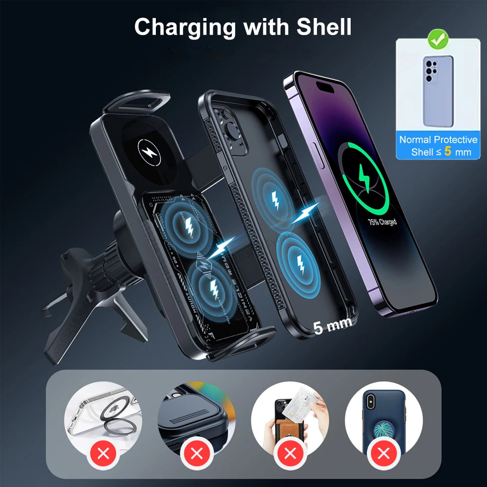 Car Wireless Charger Dual Coil Fold Screen Car Fast Charging Stand for Samsung Galaxy Z Fold 6 Flip 3 Air Vent Car Phone Holder