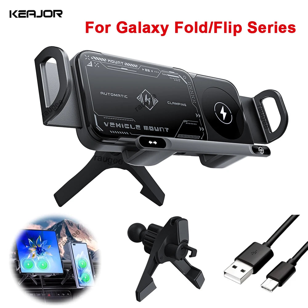 Car Wireless Charger Dual Coil Fold Screen Car Fast Charging Stand for Samsung Galaxy Z Fold 6 Flip 3 Air Vent Car Phone Holder