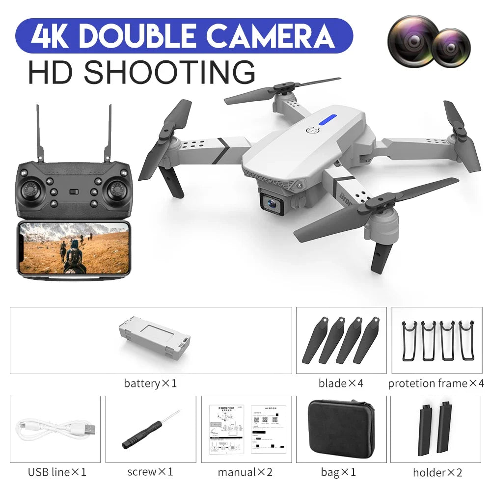 2025 E88 Pro WiFi FPV Drone - Single/Dual 4K/1080P Camera, Wide-Angle HD, Altitude Hold, Foldable Quadcopter RC Helicopter Toy
