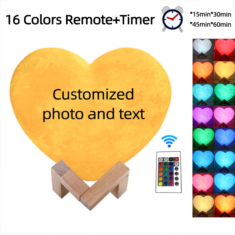Customized Moon Lamp with Photo Text Heart Shape 3D Printed Moon Night Light Personalized Gifts for Birthday Father Mother's Day