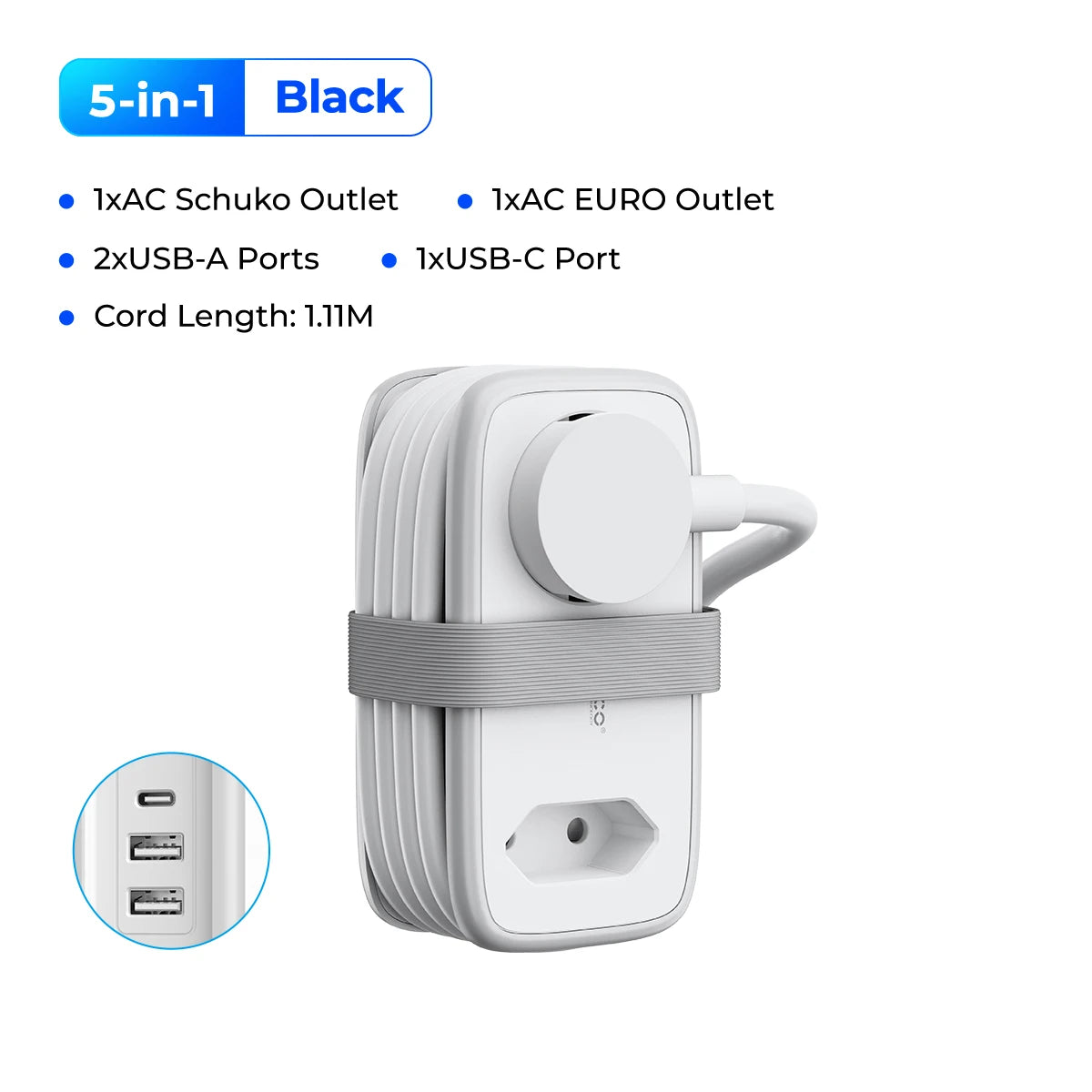 ORICO EU Plug Power Strip with 2AC 3USB Port with 1.1M Extension Cable 5-In-1Travel Smart Socket for Home/Travel Save Space