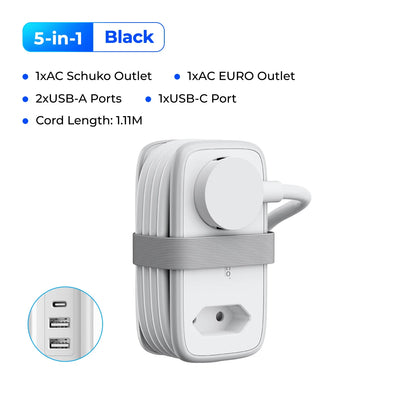 ORICO EU Plug Power Strip with 2AC 3USB Port with 1.1M Extension Cable 5-In-1Travel Smart Socket for Home/Travel Save Space