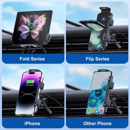 Car Wireless Charger Dual Coil Fold Screen Car Fast Charging Stand for Samsung Galaxy Z Fold 6 Flip 3 Air Vent Car Phone Holder