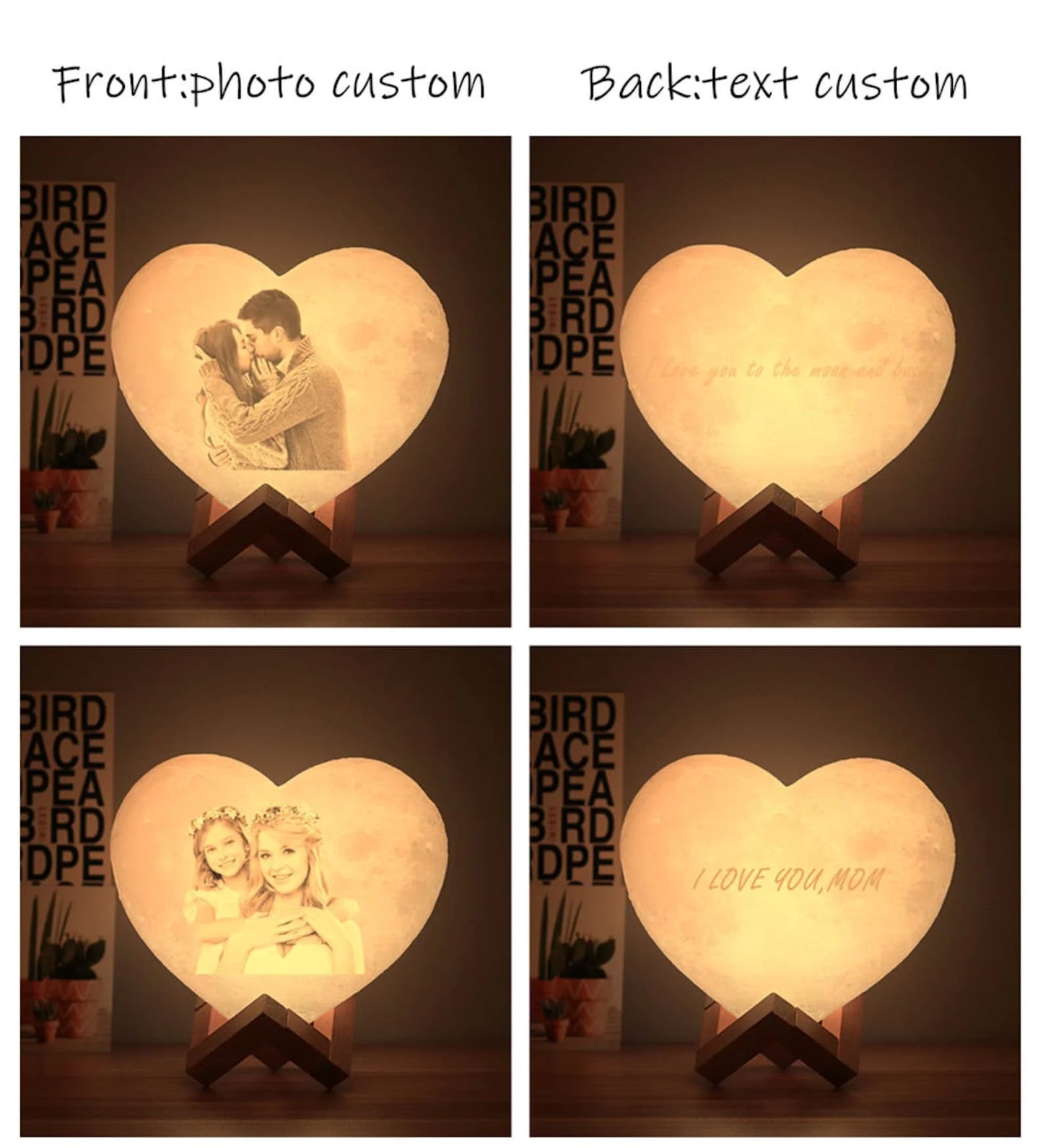 Customized Moon Lamp with Photo Text Heart Shape 3D Printed Moon Night Light Personalized Gifts for Birthday Father Mother's Day