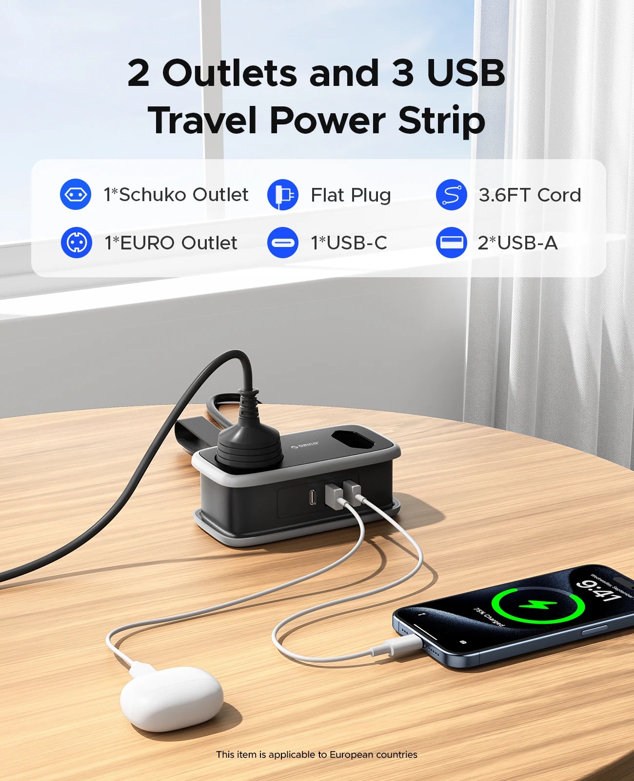 ORICO EU Plug Power Strip with 2AC 3USB Port with 1.1M Extension Cable 5-In-1Travel Smart Socket for Home/Travel Save Space
