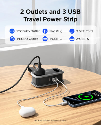 ORICO EU Plug Power Strip with 2AC 3USB Port with 1.1M Extension Cable 5-In-1Travel Smart Socket for Home/Travel Save Space