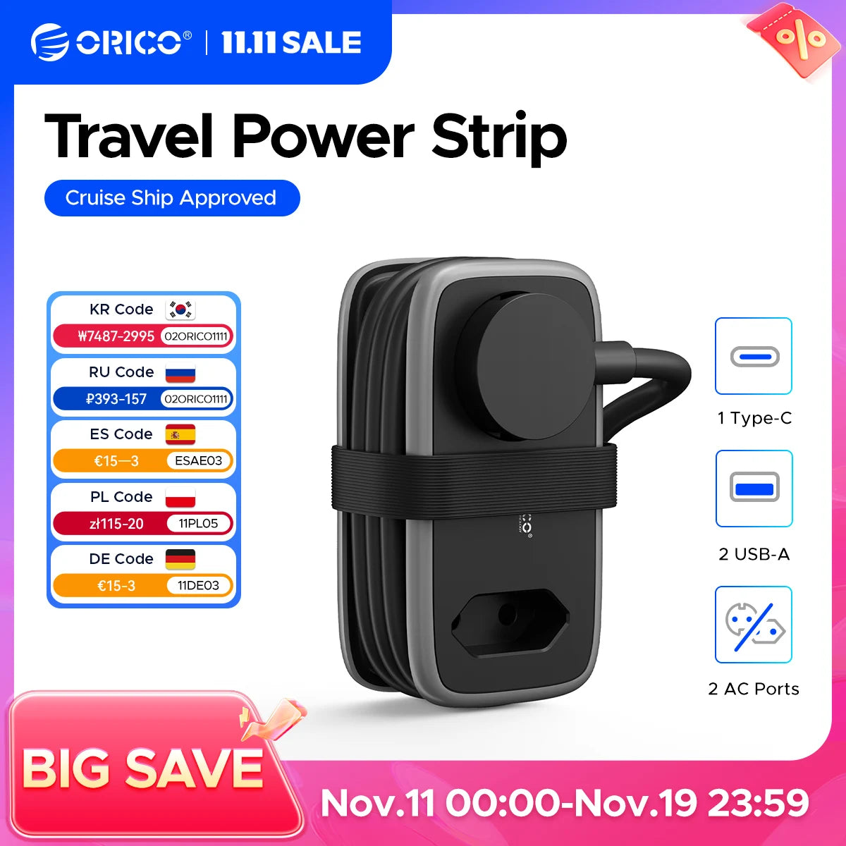 ORICO EU Plug Power Strip with 2AC 3USB Port with 1.1M Extension Cable 5-In-1Travel Smart Socket for Home/Travel Save Space