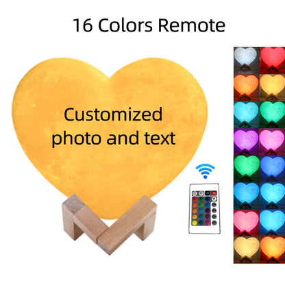 Customized Moon Lamp with Photo Text Heart Shape 3D Printed Moon Night Light Personalized Gifts for Birthday Father Mother's Day