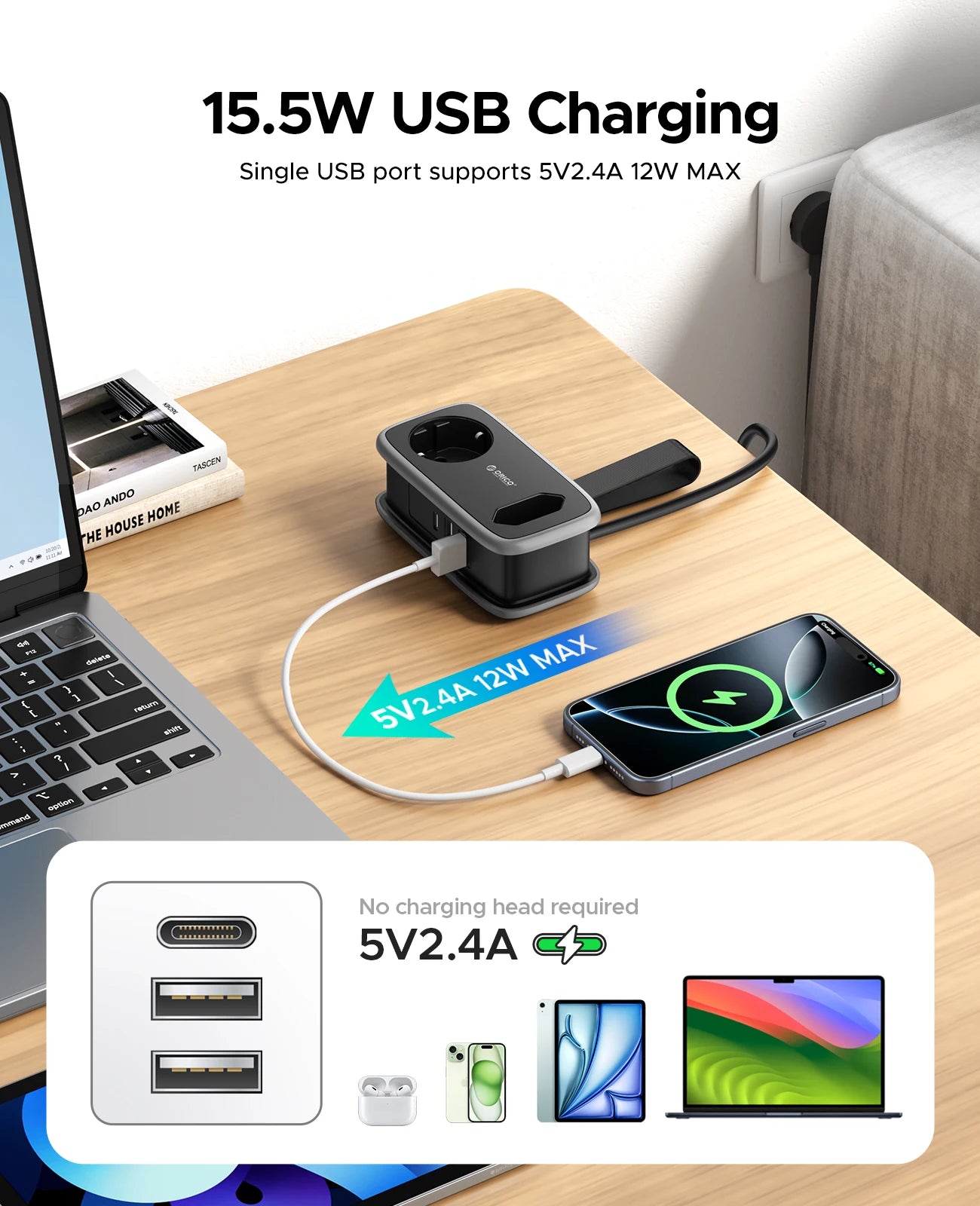 ORICO EU Plug Power Strip with 2AC 3USB Port with 1.1M Extension Cable 5-In-1Travel Smart Socket for Home/Travel Save Space